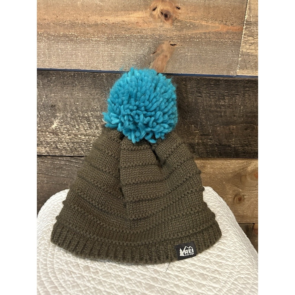 REI Co-op Beanie Hat Girls One Size Brown Blue Pom Knit Fleece Lined Winter